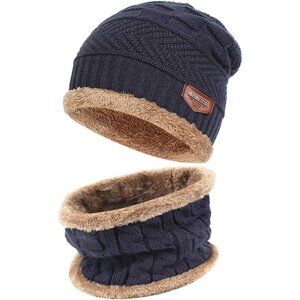 🆕 Men Blue Fleece Lined Winter Cap Beanie Scarf Set Knit Neck Warmer Nice Hat
